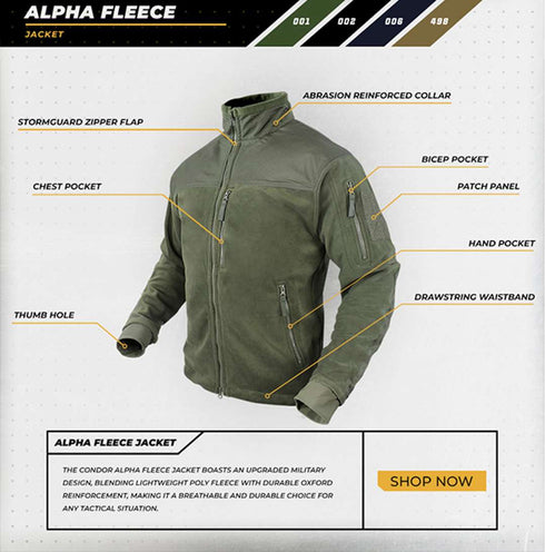 The Condor Alpha Fleece Jacket features a stormguard zipper flap, chest and bicep pockets, thumb holes, abrasion-reinforced collar, patch panel, hand pockets, and a drawstring waistband.