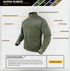 The Condor Alpha Fleece Jacket features a stormguard zipper flap, chest and bicep pockets, thumb holes, abrasion-reinforced collar, patch panel, hand pockets, and a drawstring waistband.
