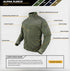 The Condor Alpha Fleece Jacket features a stormguard zipper flap, chest and bicep pockets, thumb holes, abrasion-reinforced collar, patch panel, hand pockets, and a drawstring waistband.