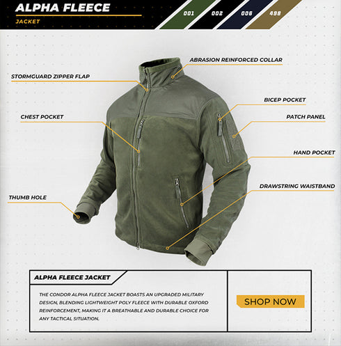 The Condor Alpha Fleece Jacket in olive green features a stormguard zipper flap, chest and bicep pockets, thumb holes, abrasion-resistant collar, patch panels, hand pockets, and a drawstring waistband.