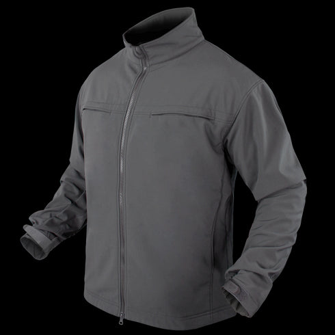 The Condor Covert Softshell Jacket | SALE is a gray zip-up with a high collar, long sleeves, and two chest pockets—perfect for EDC or law enforcement professionals—shown on a plain background.