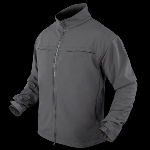 The Condor Covert Softshell Jacket | SALE is a gray zip-up with a high collar, long sleeves, and two chest pockets—perfect for EDC or law enforcement professionals—shown on a plain background.
