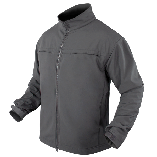 The Condor Covert Softshell Jacket | SALE is a gray zip-up with a high collar, long sleeves, and two chest pockets—perfect for EDC or law enforcement professionals—shown on a plain background.