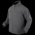 The Condor Covert Softshell Jacket | SALE is a gray zip-up with a high collar, long sleeves, and two chest pockets—perfect for EDC or law enforcement professionals—shown on a plain background.
