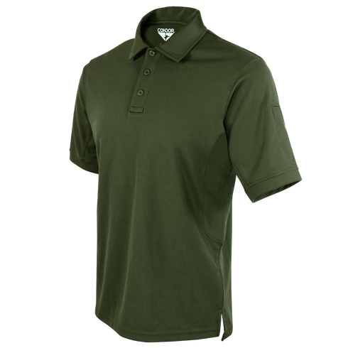 The Condor Short Sleeve Performance Tactical Polo features an olive green color, three-button placket, collar, and discreet inside label—perfect for achieving a tactical look.