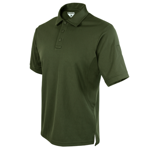 The Condor Short Sleeve Performance Tactical Polo features an olive green color, three-button placket, collar, and discreet inside label—perfect for achieving a tactical look.