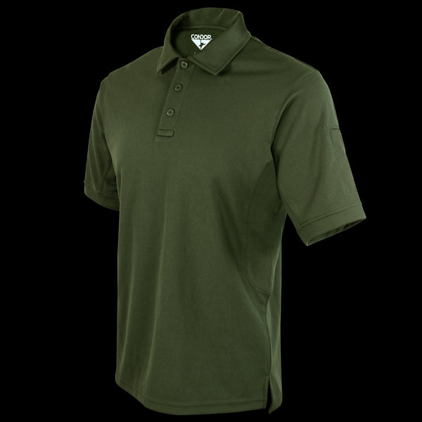 The Condor Short Sleeve Performance Tactical Polo features an olive green color, three-button placket, collar, and discreet inside label—perfect for achieving a tactical look.