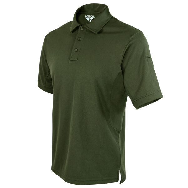 The Condor Short Sleeve Performance Tactical Polo features an olive green color, three-button placket, collar, and discreet inside label—perfect for achieving a tactical look.