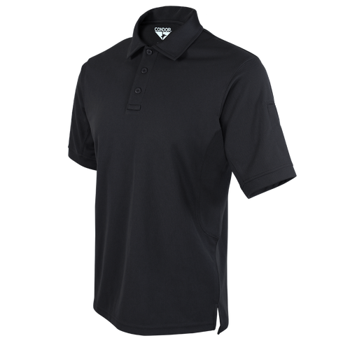 The Condor Short Sleeve Performance Tactical Polo in black features a buttoned collar and a small logo tag at the neck, shown against a plain background.