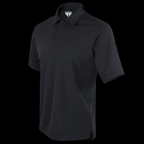 The Condor Short Sleeve Performance Tactical Polo in black features a buttoned collar and a small logo tag at the neck, shown against a plain background.