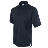 The Condor Short Sleeve Performance Tactical Polo is a dark navy blue polo shirt featuring a collar, three-button placket, and an interior logo tag.