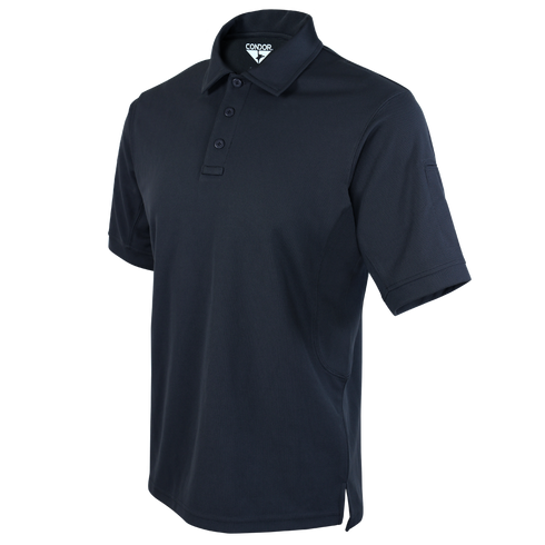 The Condor Short Sleeve Performance Tactical Polo is a dark navy blue polo shirt featuring a collar, three-button placket, and an interior logo tag.