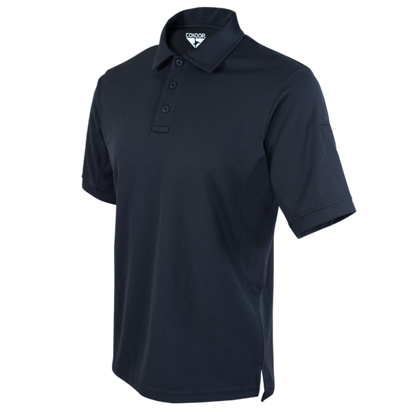 The Condor Short Sleeve Performance Tactical Polo is a dark navy blue polo shirt featuring a collar, three-button placket, and an interior logo tag.