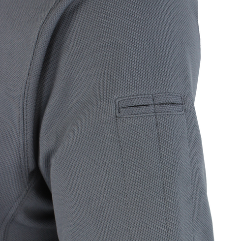 Close-up of the Condor Short Sleeve Performance Tactical Polo in gray, highlighting its textured fabric and a rectangular stitched detail near the shoulder.