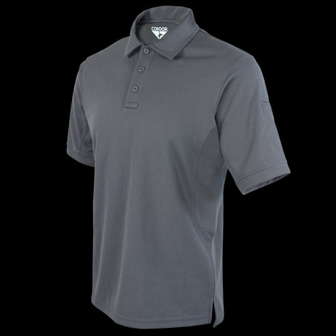 The Condor Short Sleeve Performance Tactical Polo is a gray collared shirt with a button placket and inner logo label, designed for tactical or law enforcement professionals.