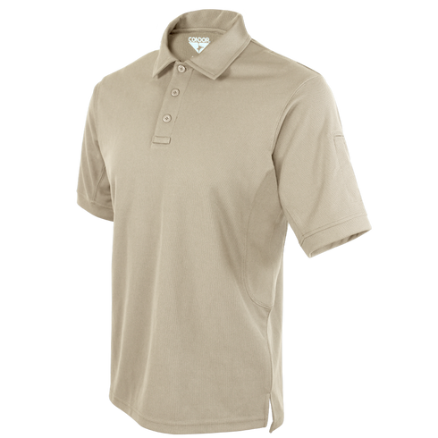 The Condor Short Sleeve Performance Tactical Polo features a light tan color, collar with three buttons, and discreet internal logo—perfect for first responders or law enforcement who need comfort and style.