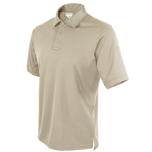 The Condor Short Sleeve Performance Tactical Polo features a light tan color, collar with three buttons, and discreet internal logo—perfect for first responders or law enforcement who need comfort and style.