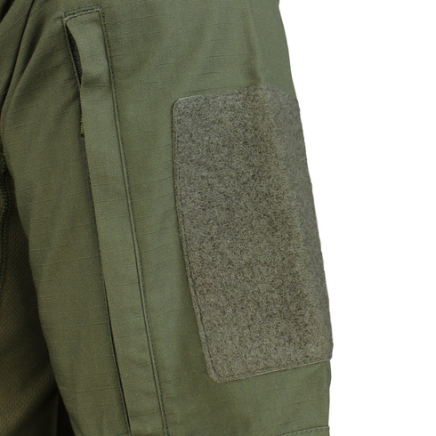 Close-up of the upper sleeve of the Condor Long Sleeve Combat Shirt - Scorpion OCP, highlighting a rectangular Velcro patch and side pocket—ideal features for law enforcement or military use.