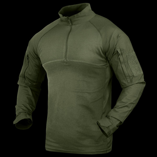 The Condor Long Sleeve Combat Shirt in Olive Drab features a quarter-zip collar, shoulder pockets, and Velcro patches on both sleeves. Now on SALE.