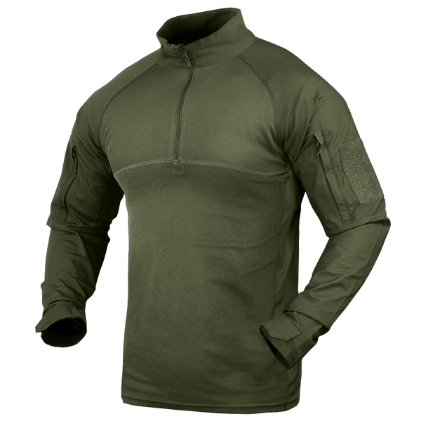 The Condor Long Sleeve Combat Shirt in Olive Drab features a quarter-zip collar, shoulder pockets, and Velcro patches on both sleeves. Now on SALE.