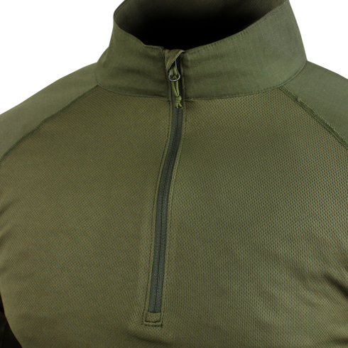 Close-up of the Condor Long Sleeve Combat Shirt in Scorpion OCP, featuring a high collar and quarter-zip front—designed for tactical use by military or law enforcement.