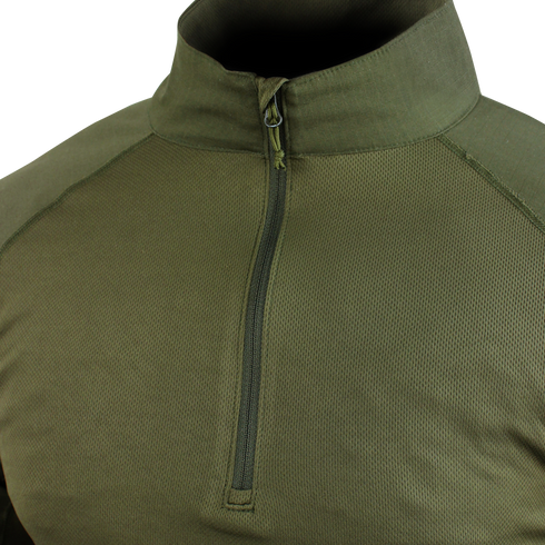 Close-up of the Condor Long Sleeve Combat Shirt in olive green, featuring a half-zip design, high collar, textured fabric, and long sleeves.