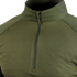 Close-up of the Condor Long Sleeve Combat Shirt in olive green, featuring a half-zip design, high collar, textured fabric, and long sleeves.