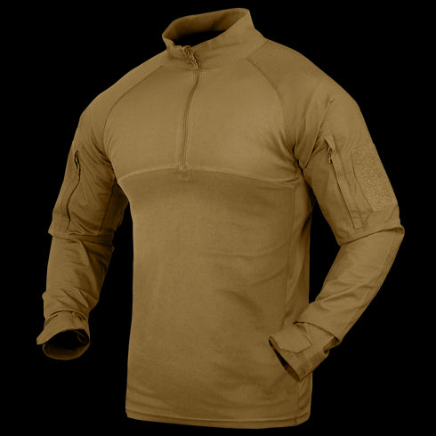 The Condor Long Sleeve Combat Shirt in tan features a quarter-zip front, high collar, and zippered arm pockets on both sleeves. Now on SALE.