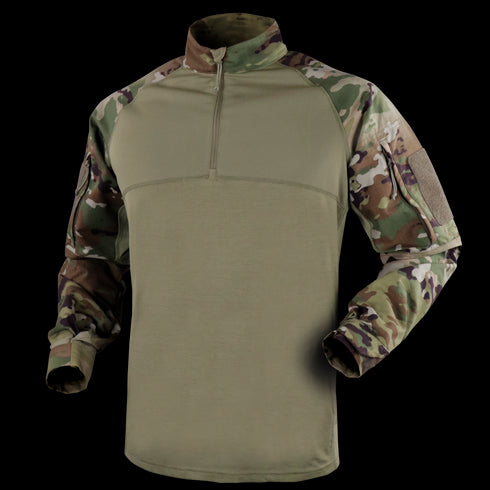 The Condor Long Sleeve Combat Shirt - Scorpion OCP features a solid olive torso, camo sleeves, half-zip front, and adjustable cuffs—perfect for military and law enforcement use.