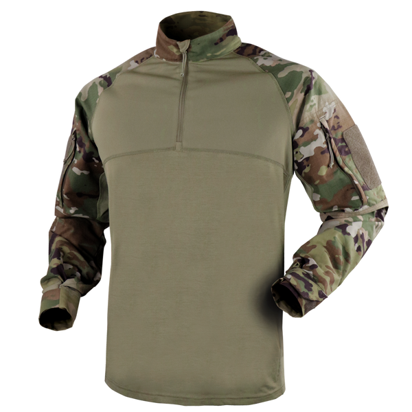 The Condor Long Sleeve Combat Shirt - Scorpion OCP features a solid olive torso, camo sleeves, half-zip front, and adjustable cuffs—perfect for military and law enforcement use.