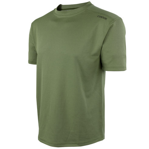 The Condor Maxfort Short Sleeve Training Top features a plain olive green design, crew neck, and left-shoulder branding—perfect for everyday carry or shooting range sessions.