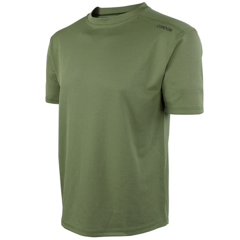 The Condor Maxfort Short Sleeve Training Top features a plain olive green design, crew neck, and left-shoulder branding—perfect for everyday carry or shooting range sessions.