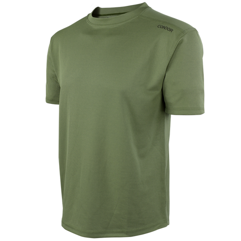 The Condor Maxfort Short Sleeve Training Top features a plain olive green design, crew neck, and left-shoulder branding—perfect for everyday carry or shooting range sessions.