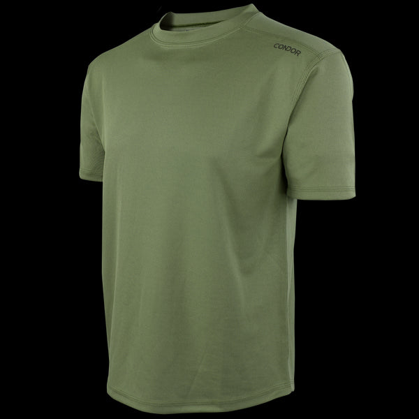 The Condor Maxfort Short Sleeve Training Top features a plain olive green design, crew neck, and left-shoulder branding—perfect for everyday carry or shooting range sessions.