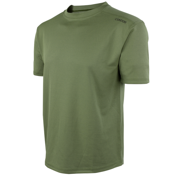 The Condor Maxfort Short Sleeve Training Top features a plain olive green design, crew neck, and left-shoulder branding—perfect for everyday carry or shooting range sessions.