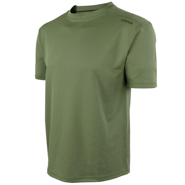 The Condor Maxfort Short Sleeve Training Top features a plain olive green design, crew neck, and left-shoulder branding—perfect for everyday carry or shooting range sessions.