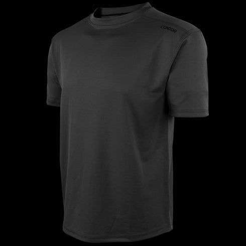 The Condor Maxfort Short Sleeve Training Top is a plain black athletic t-shirt with a crew neck and the Condor logo on the left shoulder—perfect for military, law enforcement, or shooting range use.