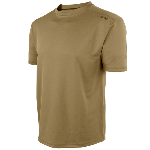 The Condor Maxfort Short Sleeve Training Top is a plain tan t-shirt with Condor on the upper left shoulder, designed for EDC or law enforcement, shown on a white background.
