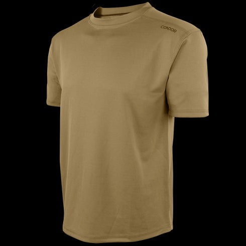 The Condor Maxfort Short Sleeve Training Top is a plain tan t-shirt with Condor on the upper left shoulder, designed for EDC or law enforcement, shown on a white background.
