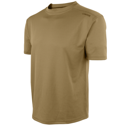 The Condor Maxfort Short Sleeve Training Top is a plain tan t-shirt with Condor on the upper left shoulder, designed for EDC or law enforcement, shown on a white background.