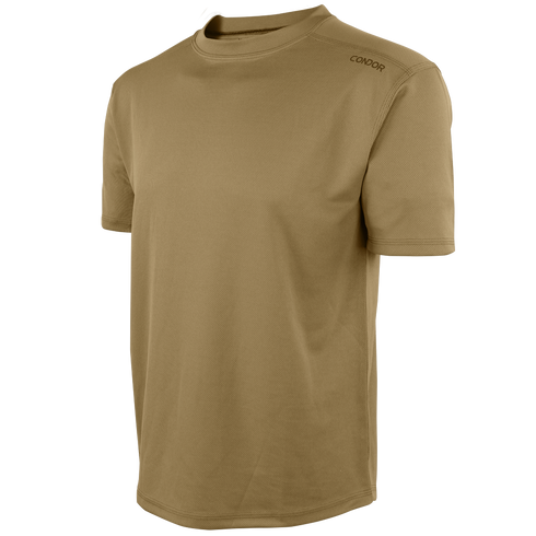 The Condor Maxfort Short Sleeve Training Top is a plain tan t-shirt with Condor on the upper left shoulder, designed for EDC or law enforcement, shown on a white background.