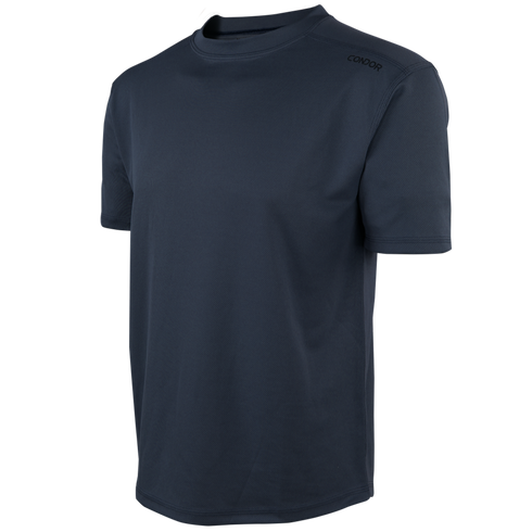 The Condor Maxfort Short Sleeve Training Top is a plain dark blue crew neck athletic tee with the Condor logo on the upper left shoulder, ideal for EDC or law enforcement pros seeking comfort and durability.