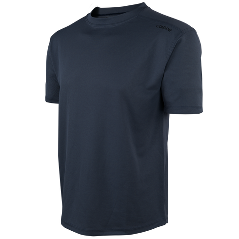 The Condor Maxfort Short Sleeve Training Top is a plain dark blue crew neck athletic tee with the Condor logo on the upper left shoulder, ideal for EDC or law enforcement pros seeking comfort and durability.