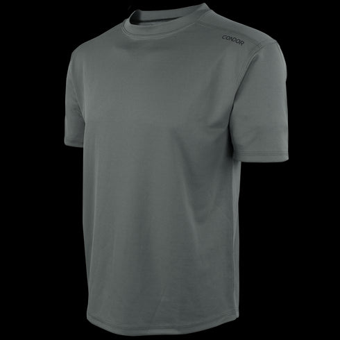 The Condor Maxfort Short Sleeve Training Top is a gray crew neck athletic shirt with a logo on the shoulder, perfect for EDC use or a day at the shooting range.