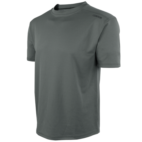 The Condor Maxfort Short Sleeve Training Top is a gray crew neck athletic shirt with a logo on the shoulder, perfect for EDC use or a day at the shooting range.