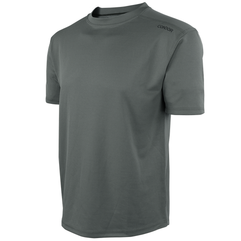 The Condor Maxfort Short Sleeve Training Top is a gray crew neck athletic shirt with a logo on the shoulder, perfect for EDC use or a day at the shooting range.