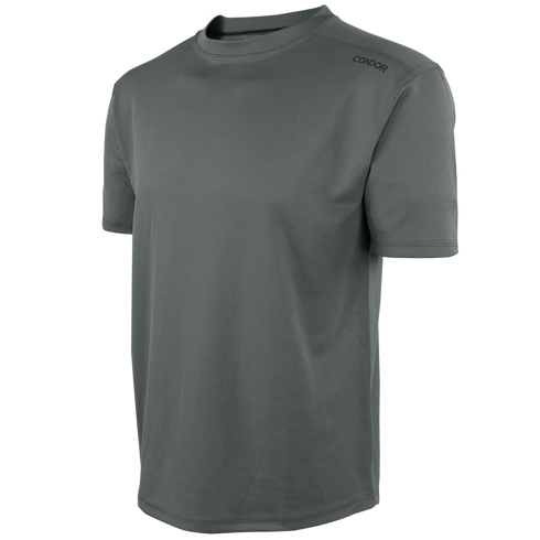 The Condor Maxfort Short Sleeve Training Top is a gray crew neck athletic shirt with a logo on the shoulder, perfect for EDC use or a day at the shooting range.