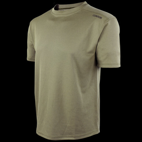 The Condor Maxfort Short Sleeve Training Top is an olive green crew-neck t-shirt with short sleeves and a discreet Condor logo near the left shoulder—perfect for military training or shooting range use.