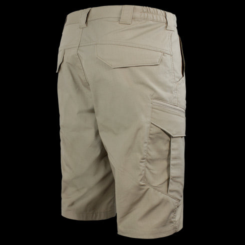 Rear view of Condor Scout Shorts in tan, featuring an elastic waistband and multiple pockets—including side cargo and back flap pockets.
