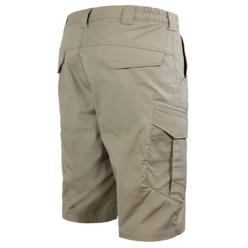 Rear view of Condor Scout Shorts in tan, featuring an elastic waistband and multiple pockets—including side cargo and back flap pockets.